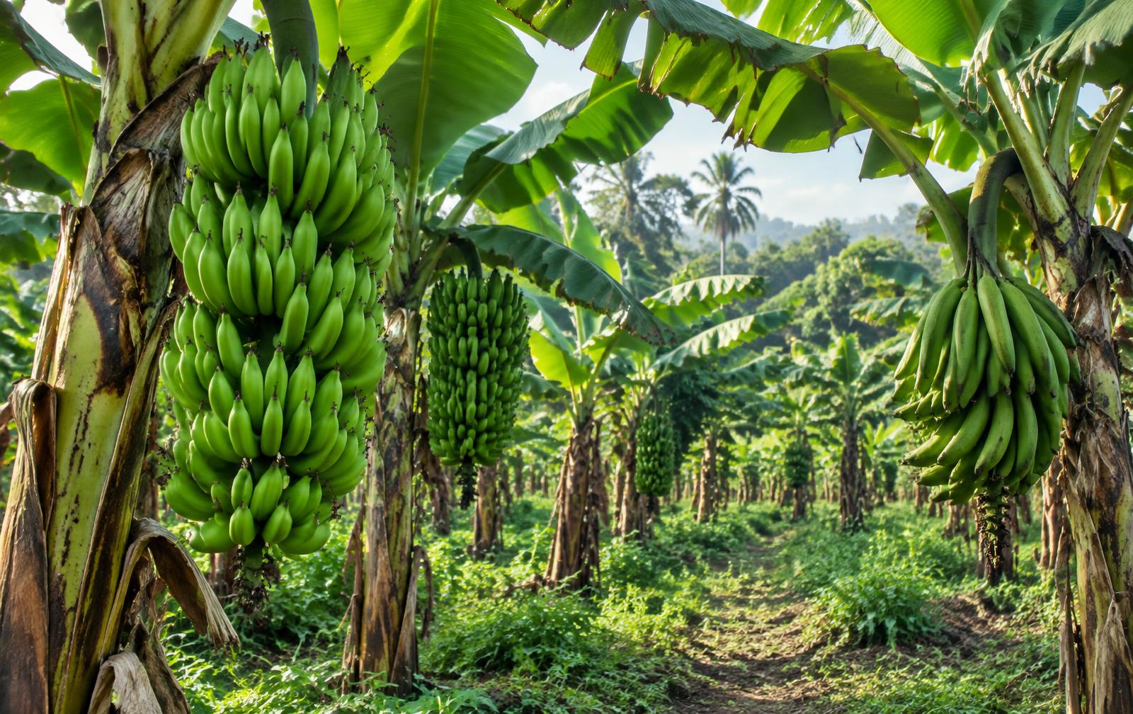 Bunches of green bananas and plantains growing on a tropical plantation