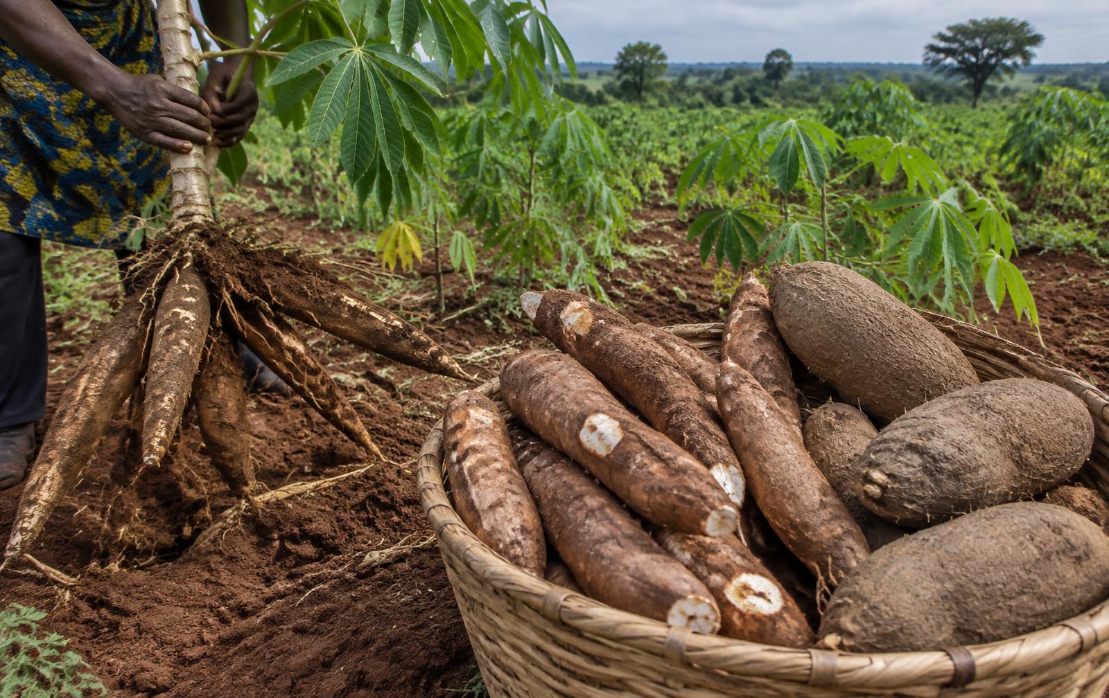 Harvested cassava roots and yam tubers