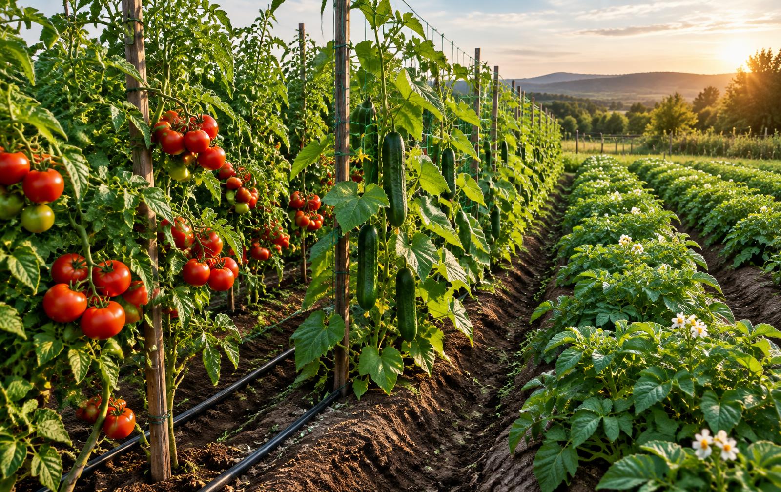 A basket of freshly harvested fruits and vegetables