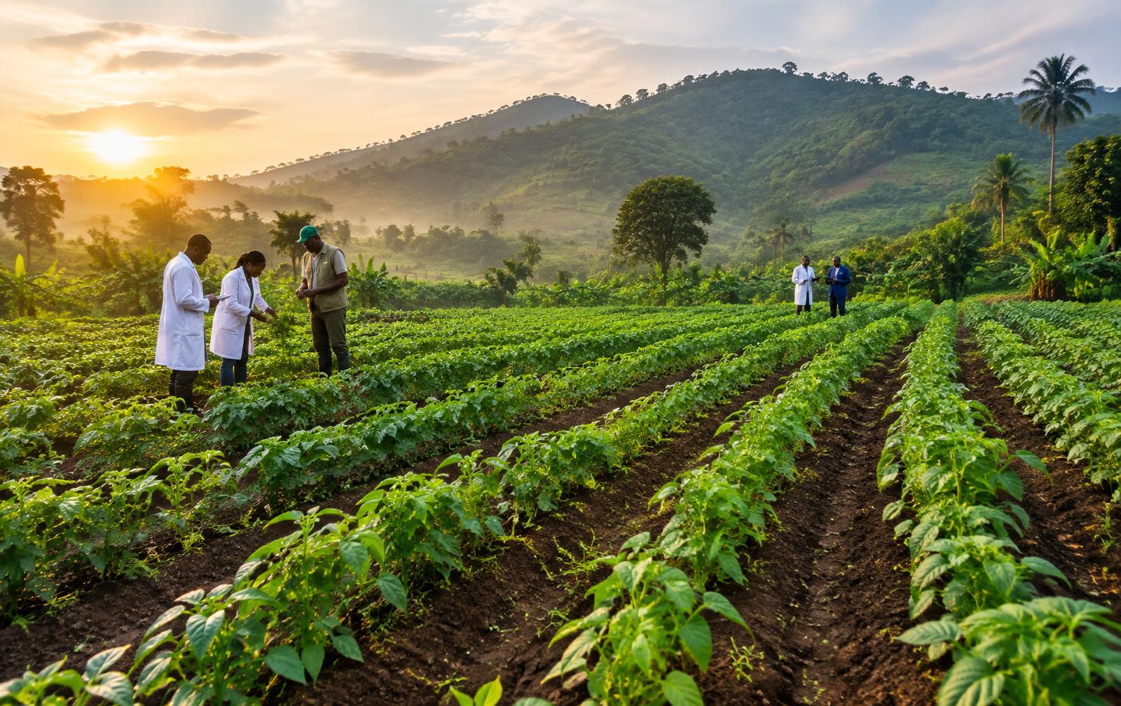 Agricultural researchers inspecting crops on a fertile tropical farm