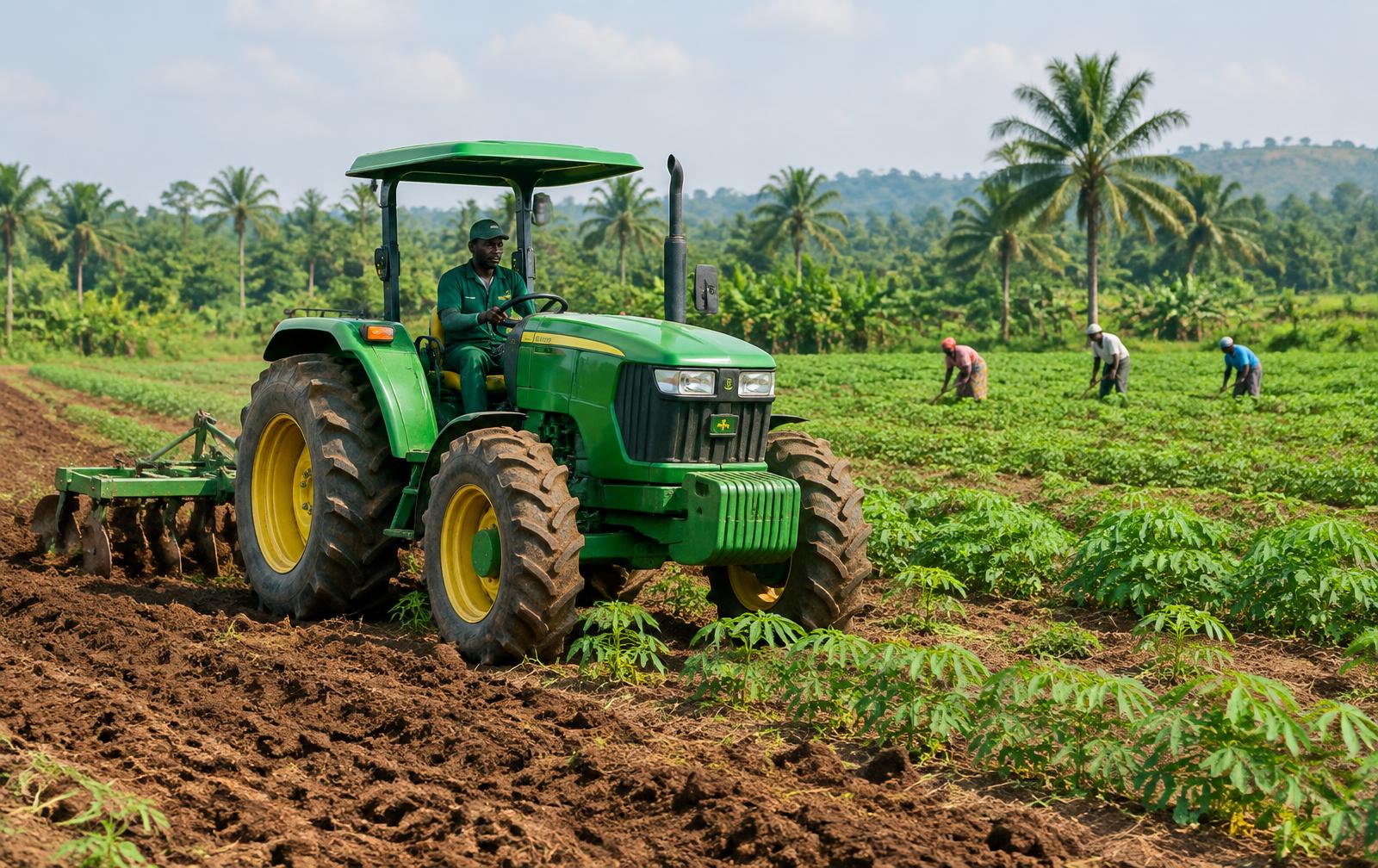 Tractor cultivating crops on a tropical farm